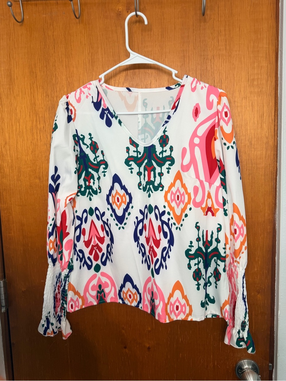 SHEIN White V-Neck Blouse with Pink, Navy, Green and Orange Print